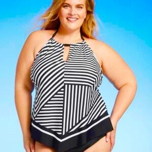 Black and White Striped Halter Swim Tankini Top!